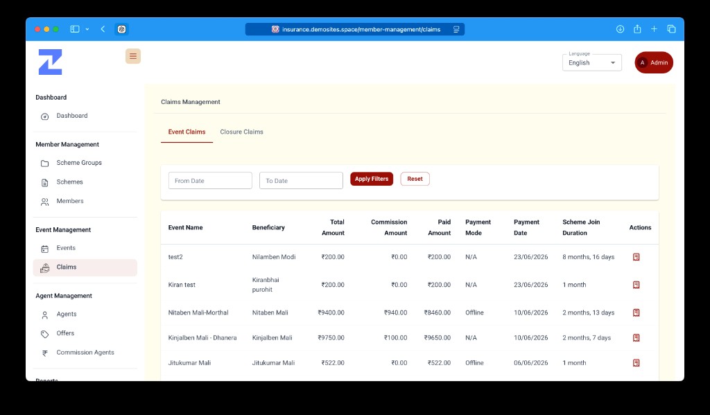 Claims management with event and closure claims