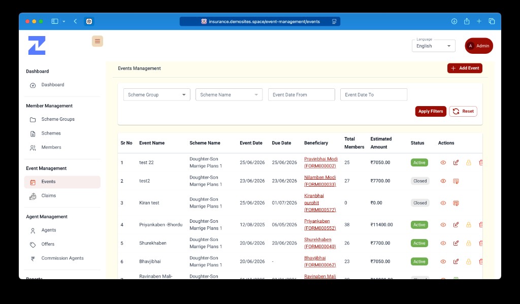 Events management list with filters and status